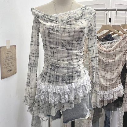 Boatneck Ruffle Top with Mock Two-Piece Sleeves