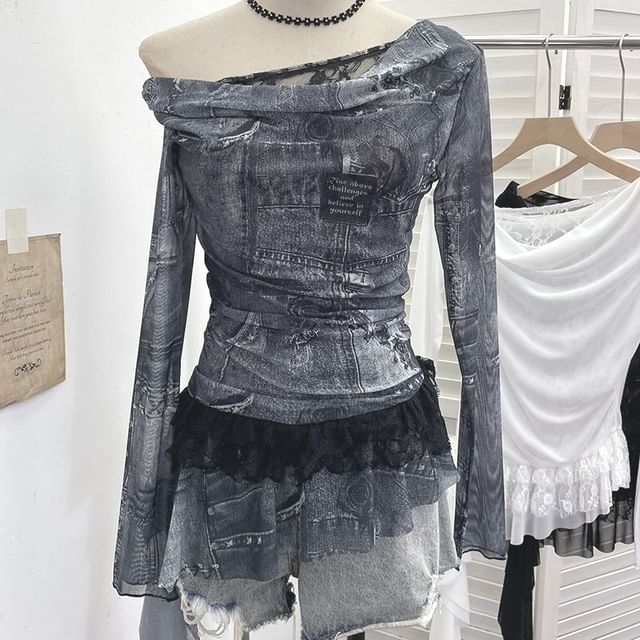 Boatneck Ruffle Top with Mock Two-Piece Sleeves