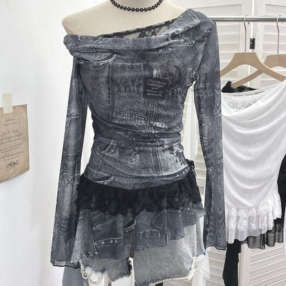 Boatneck Ruffle Top with Mock Two-Piece Sleeves