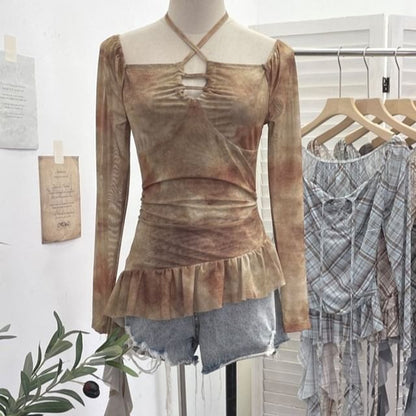 Tie-Dye Asymmetrical Square-Neck Long-Sleeve Top