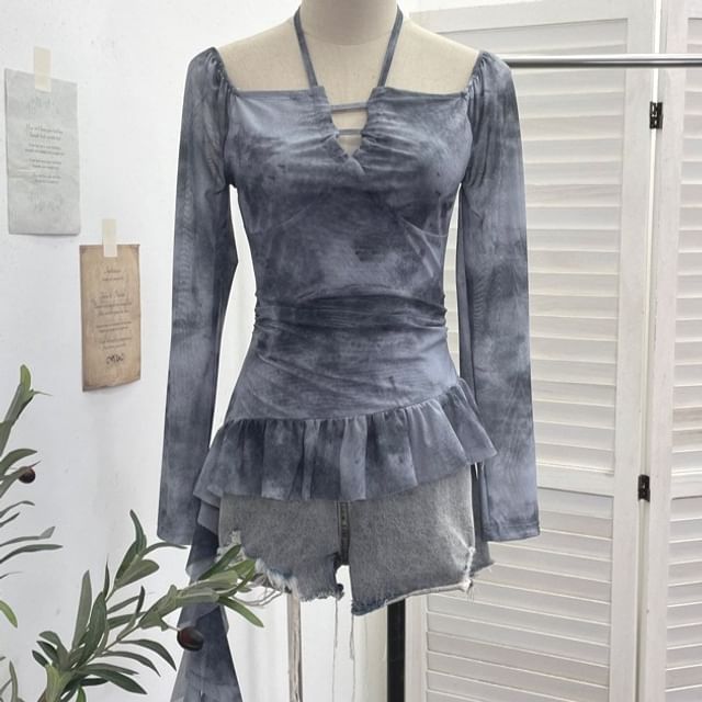 Tie-Dye Asymmetrical Square-Neck Long-Sleeve Top