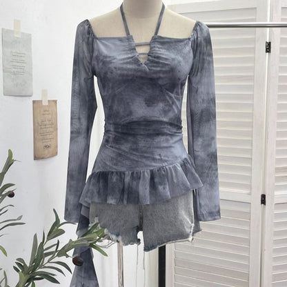 Tie-Dye Asymmetrical Square-Neck Long-Sleeve Top