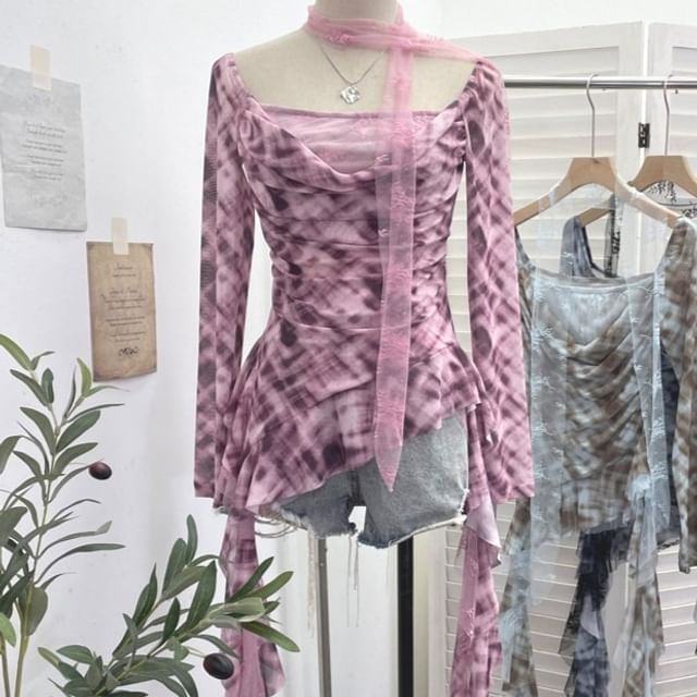 Plaid Asymmetrical Square-Neck Long-Sleeve Blouse