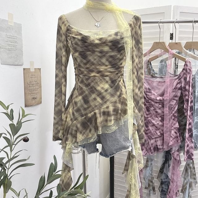 Plaid Asymmetrical Square-Neck Long-Sleeve Blouse