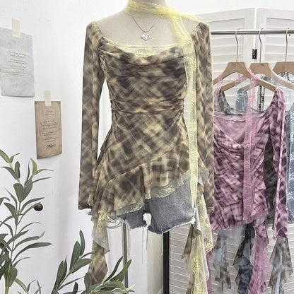 Plaid Asymmetrical Square-Neck Long-Sleeve Blouse
