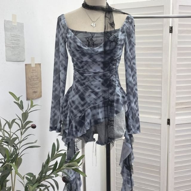 Plaid Asymmetrical Square-Neck Long-Sleeve Blouse
