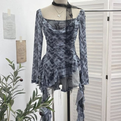 Plaid Asymmetrical Square-Neck Long-Sleeve Blouse