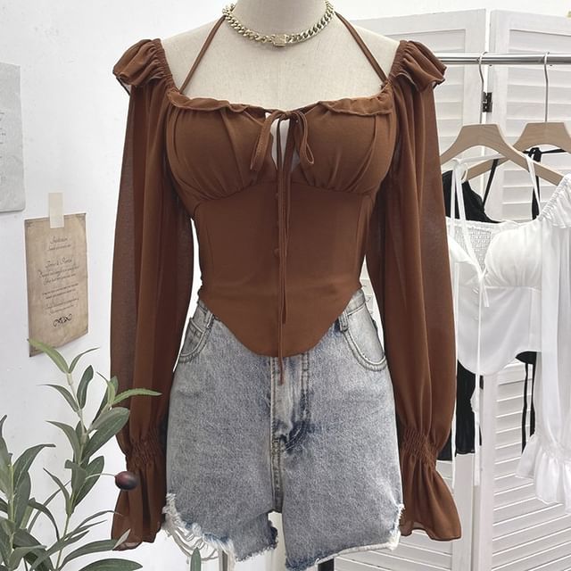 Zip-Up Halter Long-Sleeve Solid Cropped Top