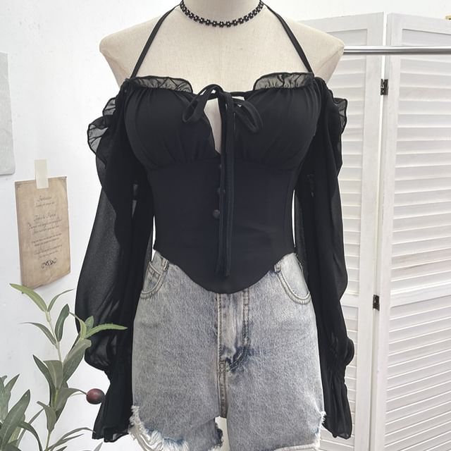 Zip-Up Halter Long-Sleeve Solid Cropped Top