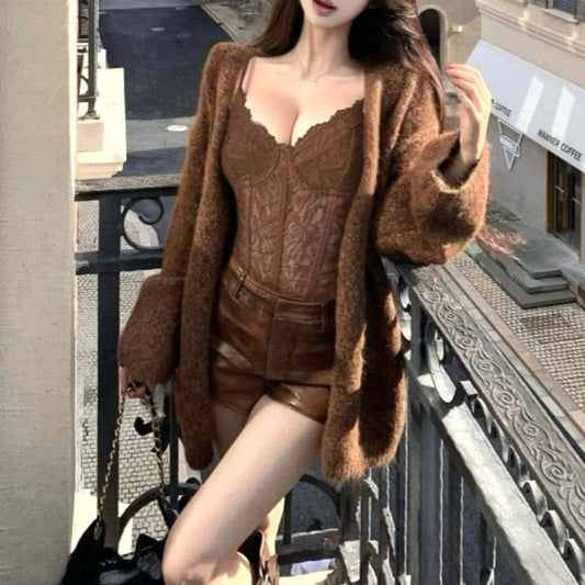 Lace Camisole Top / Plain Cardigan / Hot Pants