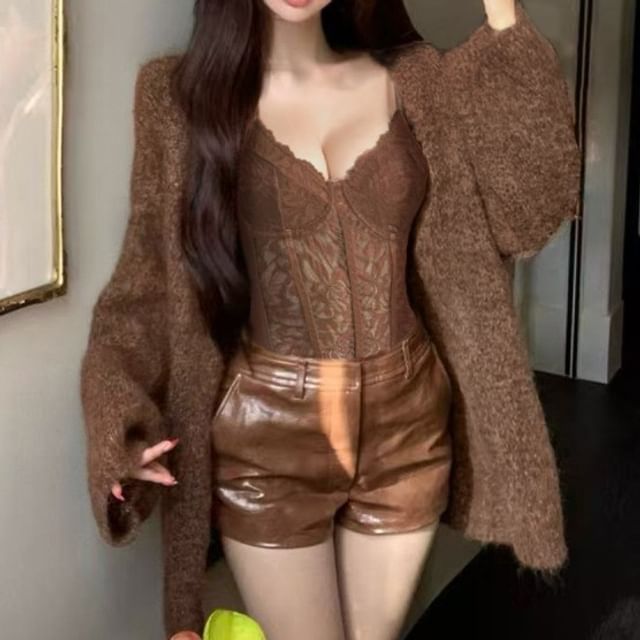 Lace Camisole Top / Plain Cardigan / Hot Pants