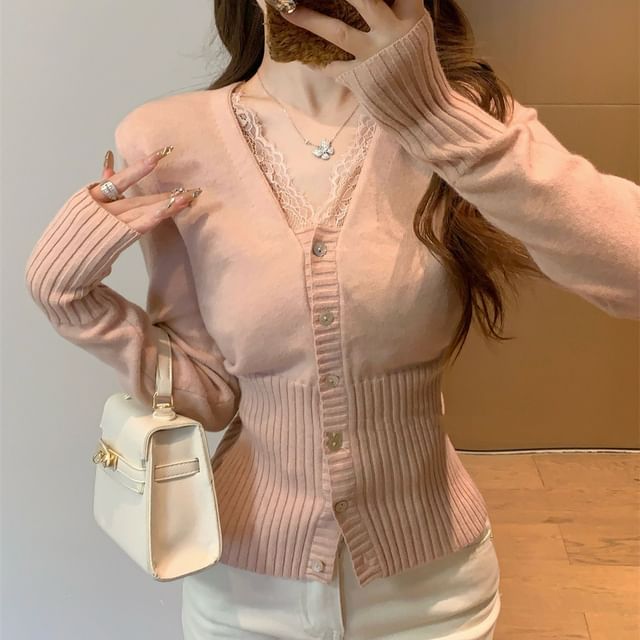 Lace Trim V-Neck Button-Up Cardigan