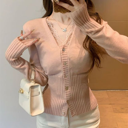 Lace Trim V-Neck Button-Up Cardigan