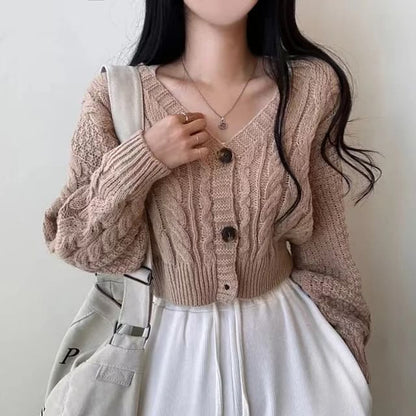 Cable Knit V-Neck Button-Up Crop Cardigan