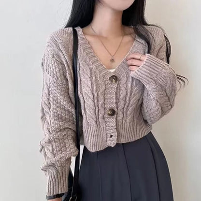 Cable Knit V-Neck Button-Up Crop Cardigan