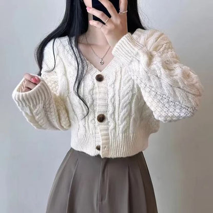 Cable Knit V-Neck Button-Up Crop Cardigan