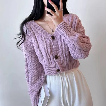 Cable Knit V-Neck Button-Up Crop Cardigan