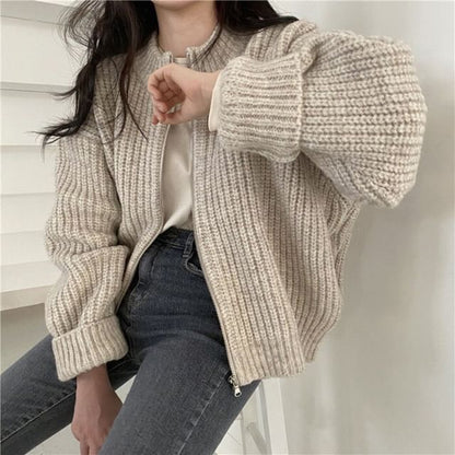 Crew Neck Zip-Up Chunky Knit Cardigan