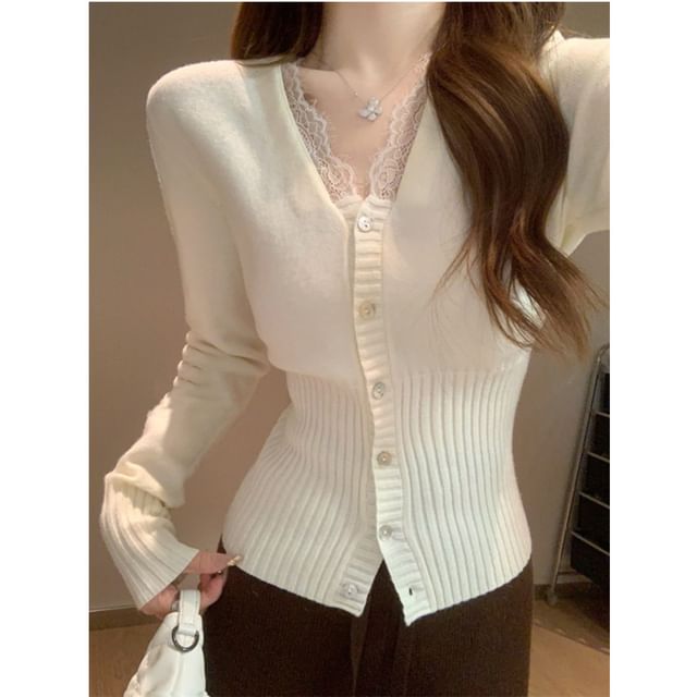 Lace Trim V-Neck Button-Up Cardigan