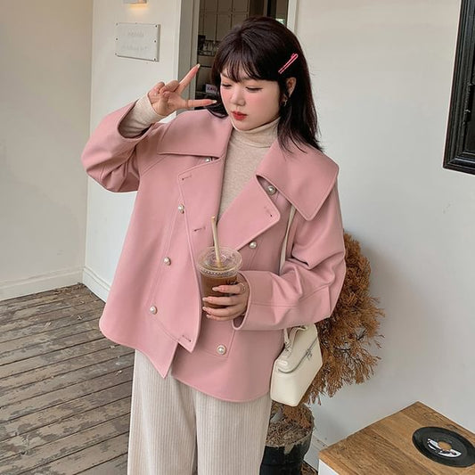 Plus Size Collared Plain Faux Pearl Button Double Breasted Jacket