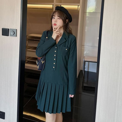 Plus Size Long Sleeve Collared Plain Pleated Button Mini A-Line Dress