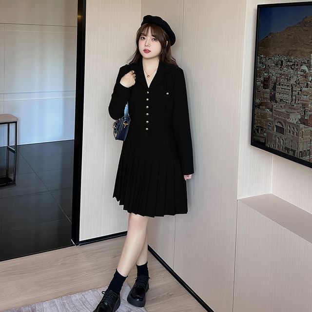 Plus Size Long Sleeve Collared Plain Pleated Button Mini A-Line Dress