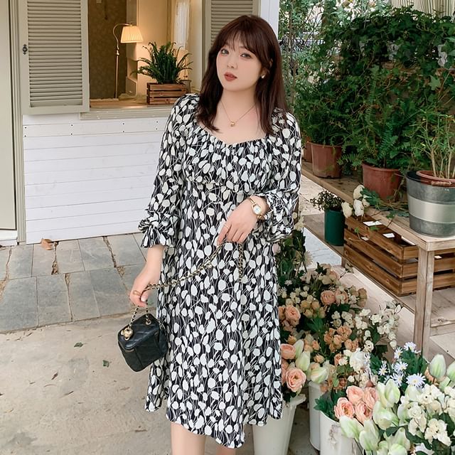 Plus Size Long Sleeve Square Neck Leaf Print Midi A-Line Dress