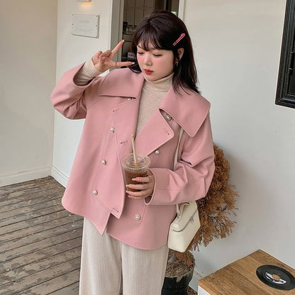 Plus Size Collared Plain Faux Pearl Button Double Breasted Jacket
