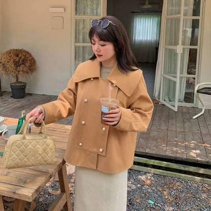 Plus Size Collared Plain Faux Pearl Button Double Breasted Jacket