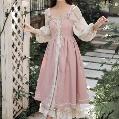 Long-Sleeve Square Neck Plain Frill Trim Midi A-Line Dress / Embroidered Lace-Up Slit Overall Dress / Set