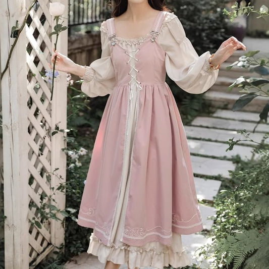 Long-Sleeve Square Neck Plain Frill Trim Midi A-Line Dress / Embroidered Lace-Up Slit Overall Dress / Set