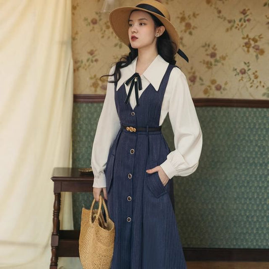 Set: Long-Sleeve Collared Plain Blouse + V-Neck Button-Up Midi A-Line Pinafore Dress + Bow Brooch + Belt