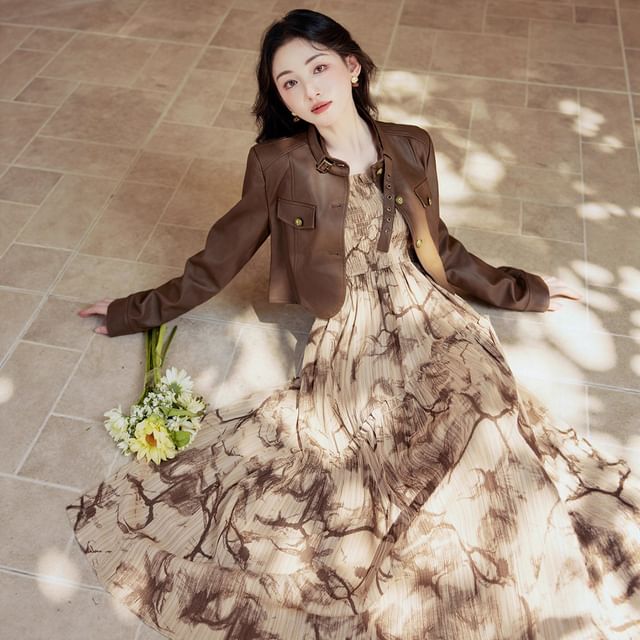 Spaghetti Strap Floral Print Frill Trim Smocked Midi A-Line Dress / Stand Collar Button-Up Plain Faux Leather Crop Jacket / Set