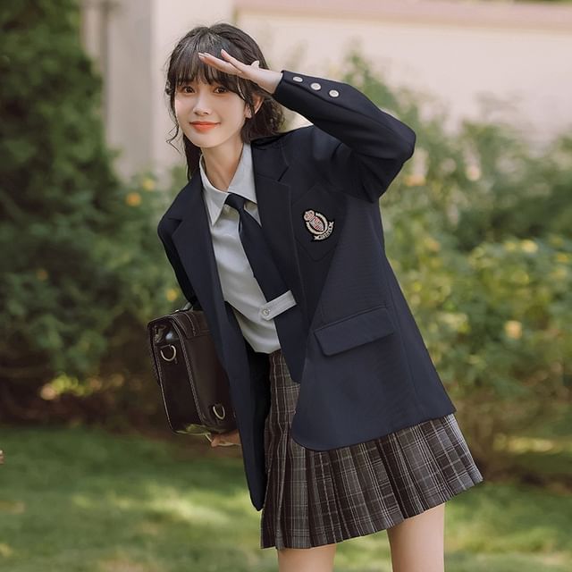 Notch Lapel Embroidered Single-Breasted Blazer / High Rise Plaid Pleated Mini A-Line Skirt / Long-Sleeve Plain Shirt / Necktie / Set