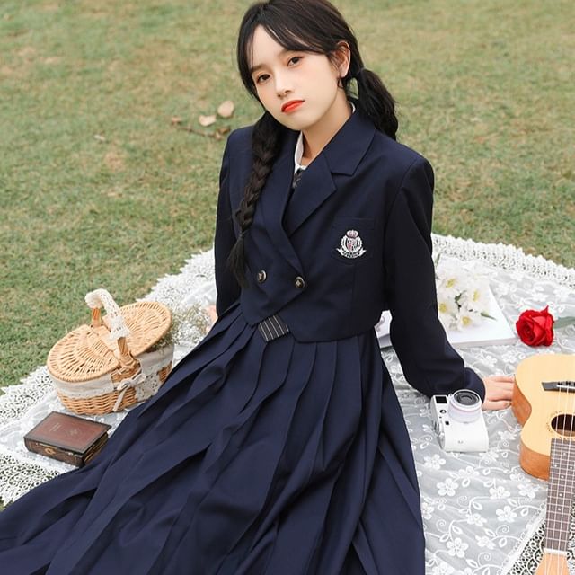 Notch Lapel Embroidered Double-Breasted Crop Blazer / Plain Pleated Midi A-Line Pinafore Dress / Long-Sleeve Shirt / Set