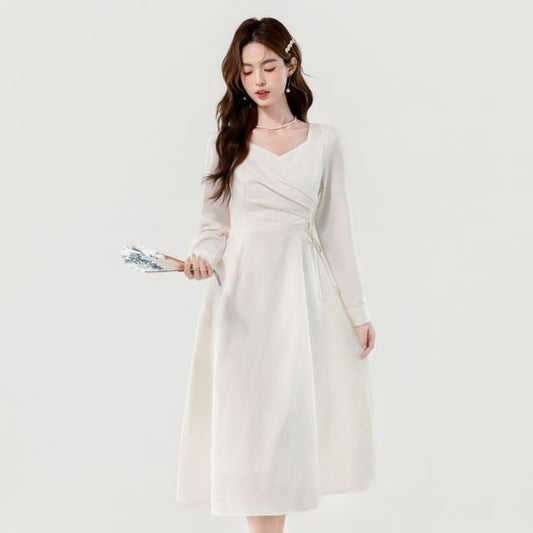 Long-Sleeve V-Neck Plain Ruched Midi A-Line Dress