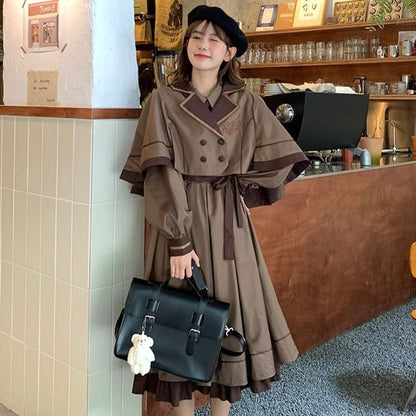 Long-Sleeve Collared Embroidered Layered Tie Waist Midi A-Line Dress / Notch Lapel Double-Breasted Capelet / Set