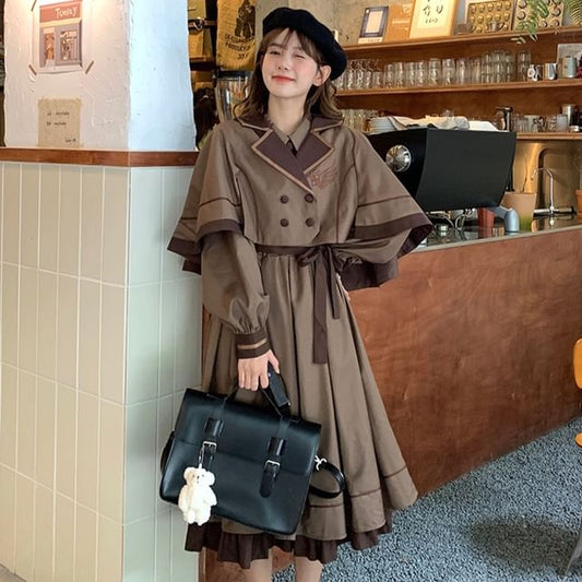 Long-Sleeve Collared Embroidered Layered Tie Waist Midi A-Line Dress / Notch Lapel Double-Breasted Capelet / Set