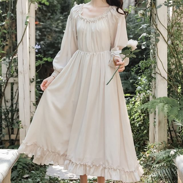 Long-Sleeve Square Neck Plain Frill Trim Midi A-Line Dress / Embroidered Lace-Up Slit Overall Dress / Set