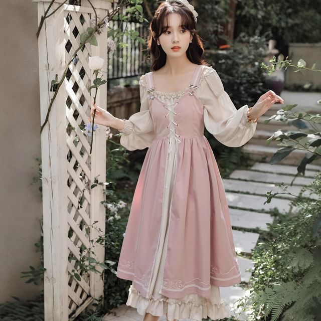 Long-Sleeve Square Neck Plain Frill Trim Midi A-Line Dress / Embroidered Lace-Up Slit Overall Dress / Set