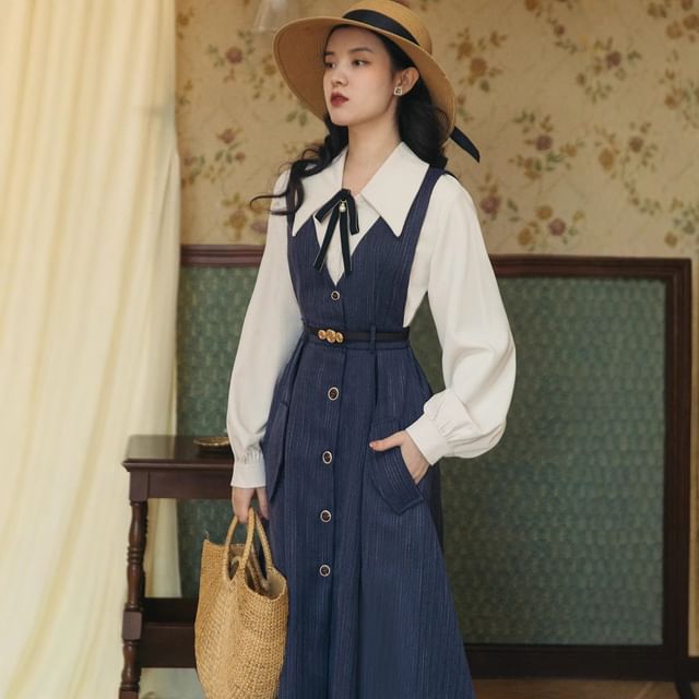 Set: Long-Sleeve Collared Plain Blouse + V-Neck Button-Up Midi A-Line Pinafore Dress + Bow Brooch + Belt
