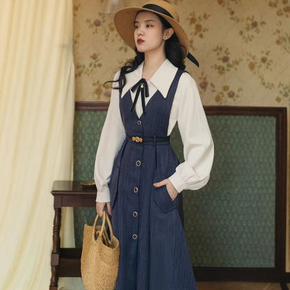 Set: Long-Sleeve Collared Plain Blouse + V-Neck Button-Up Midi A-Line Pinafore Dress + Bow Brooch + Belt