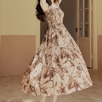 Spaghetti Strap Floral Print Frill Trim Smocked Midi A-Line Dress / Stand Collar Button-Up Plain Faux Leather Crop Jacket / Set