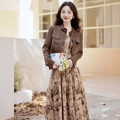 Spaghetti Strap Floral Print Frill Trim Smocked Midi A-Line Dress / Stand Collar Button-Up Plain Faux Leather Crop Jacket / Set