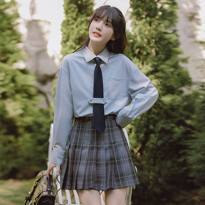 Notch Lapel Embroidered Single-Breasted Blazer / High Rise Plaid Pleated Mini A-Line Skirt / Long-Sleeve Plain Shirt / Necktie / Set