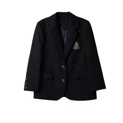 Notch Lapel Embroidered Single-Breasted Blazer / High Rise Plaid Pleated Mini A-Line Skirt / Long-Sleeve Plain Shirt / Necktie / Set