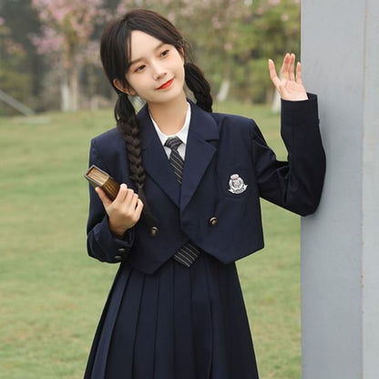 Notch Lapel Embroidered Double-Breasted Crop Blazer / Plain Pleated Midi A-Line Pinafore Dress / Long-Sleeve Shirt / Set