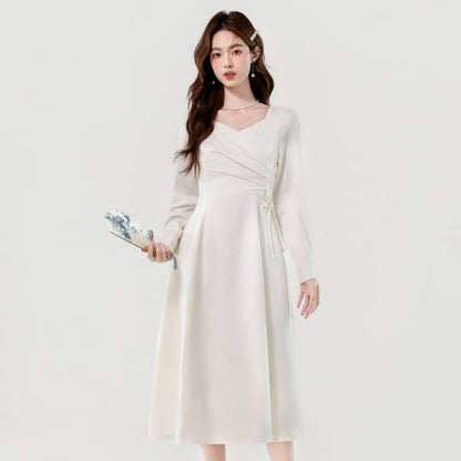 Long-Sleeve V-Neck Plain Ruched Midi A-Line Dress