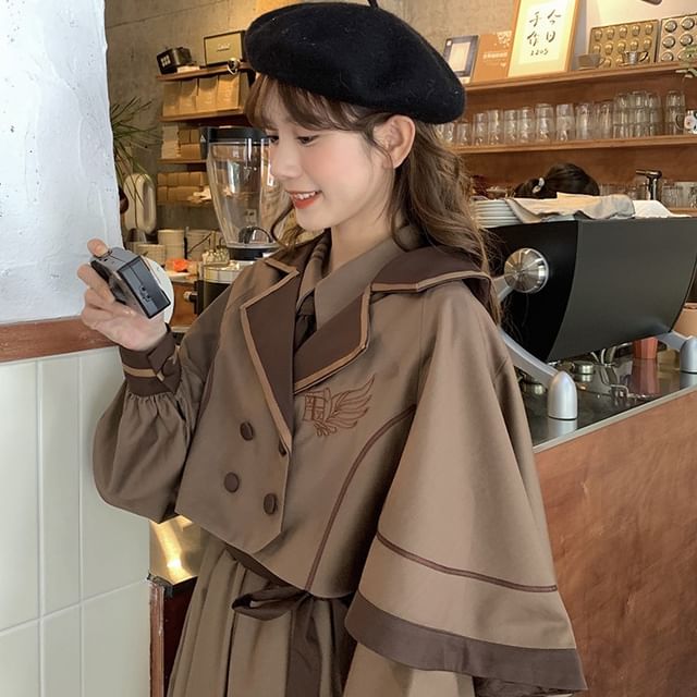 Long-Sleeve Collared Embroidered Layered Tie Waist Midi A-Line Dress / Notch Lapel Double-Breasted Capelet / Set