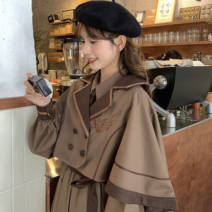 Long-Sleeve Collared Embroidered Layered Tie Waist Midi A-Line Dress / Notch Lapel Double-Breasted Capelet / Set